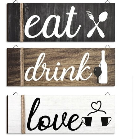 3 Pcs Farmhouse Kitchen Wall Decor Rustic Wooden Home Eat Drink Love Sign with Hanging Hole for Home Dining Living Room Bar Cafe Decor(Vivid Color)