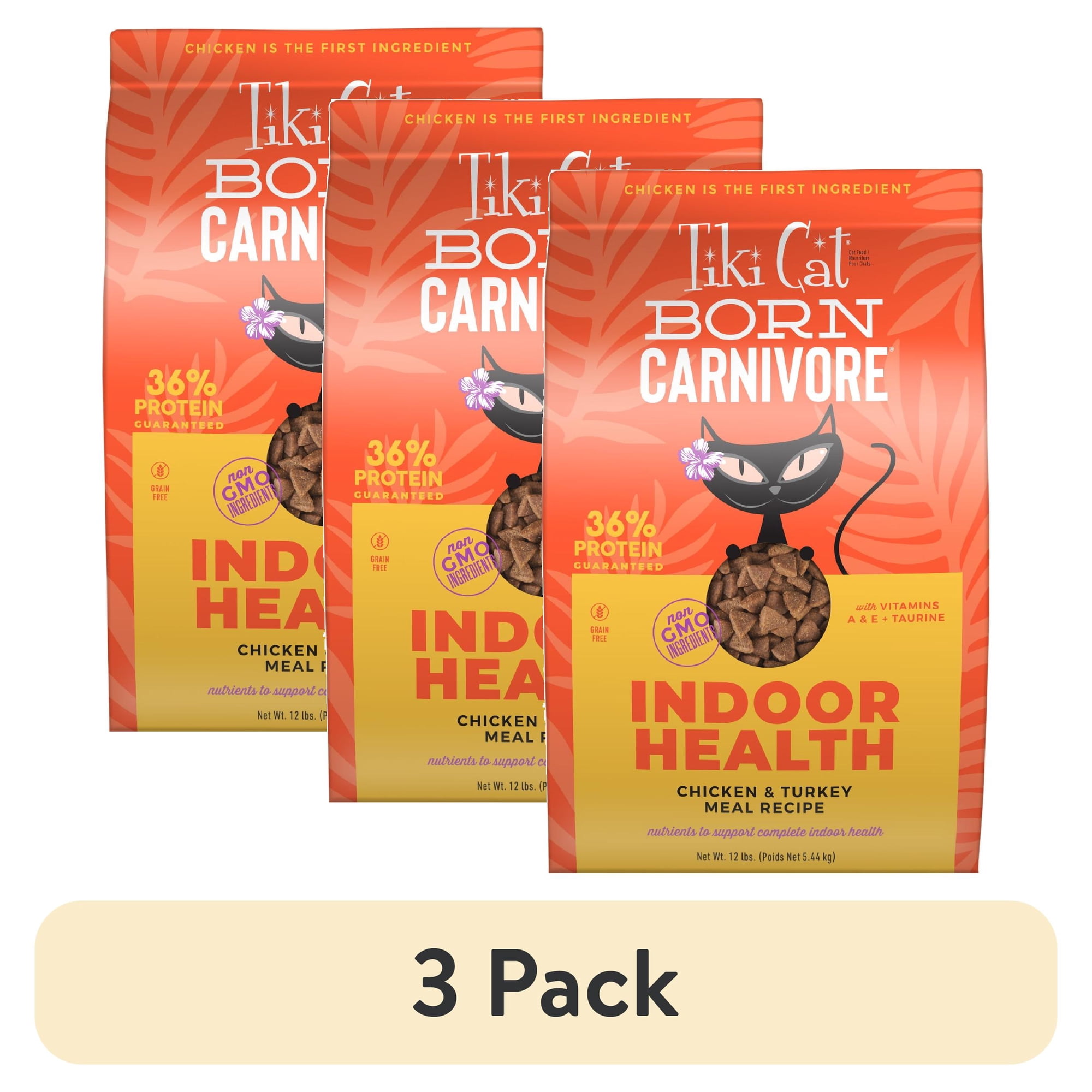 (3 pack) Tiki Cat Born Carnivore Indoor Health Dry Cat Food, Chicken & Turkey Meal, 12 lbs. Bag