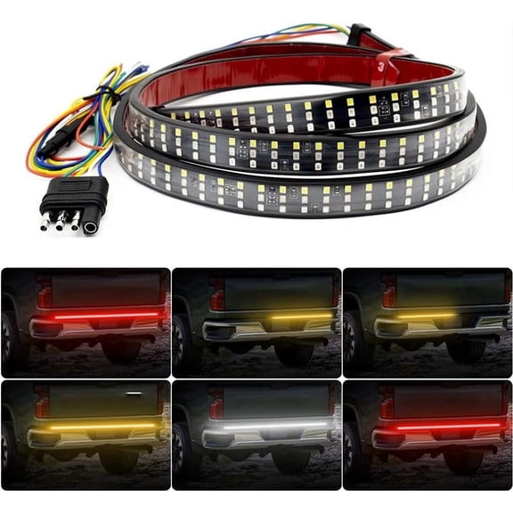 Tailgate Light Bar 60 Inch Triple Row Tail light bar for Pickup Trailer SUV RV VAN Full Function Red Brake White Reverse Amber Turn Signal double flash Light No Drill Install (60inch)