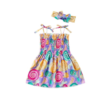 

Frobukio Little Girls Sweet Style Outfit Summer Tie-dye Flower Printing Sleeveless Slip Princess Dress+Headwear Yellow Candy 12-18 Months