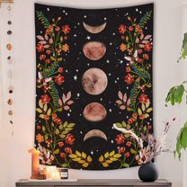 Bailu Moonlit Garden Tapestry, Moon Phase Surrounded by Vines and Flowers Black Wall Decor Tapestry 44×60 inches