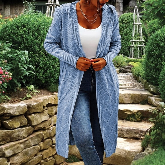 IMENGL Solid color long sleeved hooded medium length sweater cardigan for women, Blue M, Size M-3XL