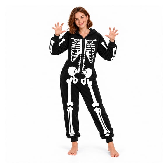 Ahititi Adult Skeleton Halloween Costume Onesie, Hooded Zip-Up Fleece Jumpsuit Pajamas for Party, Cosplay & Lounging,L