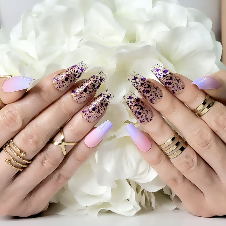 Clear Purple Pink Glitter design Press on Nails w/ glue short rose gold  sparkle