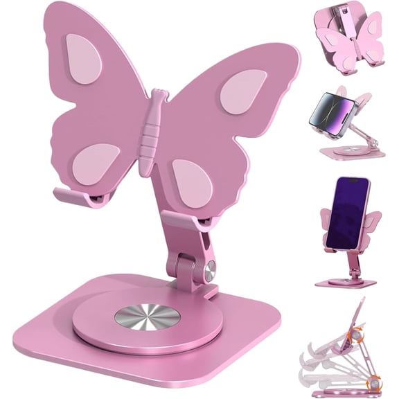 Pink Butterfly Phone Stand 360° Rotating Adjustable Aluminum Desktop Holder for All Smartphones Foldable Portable Stand for Desk Office Home Travel