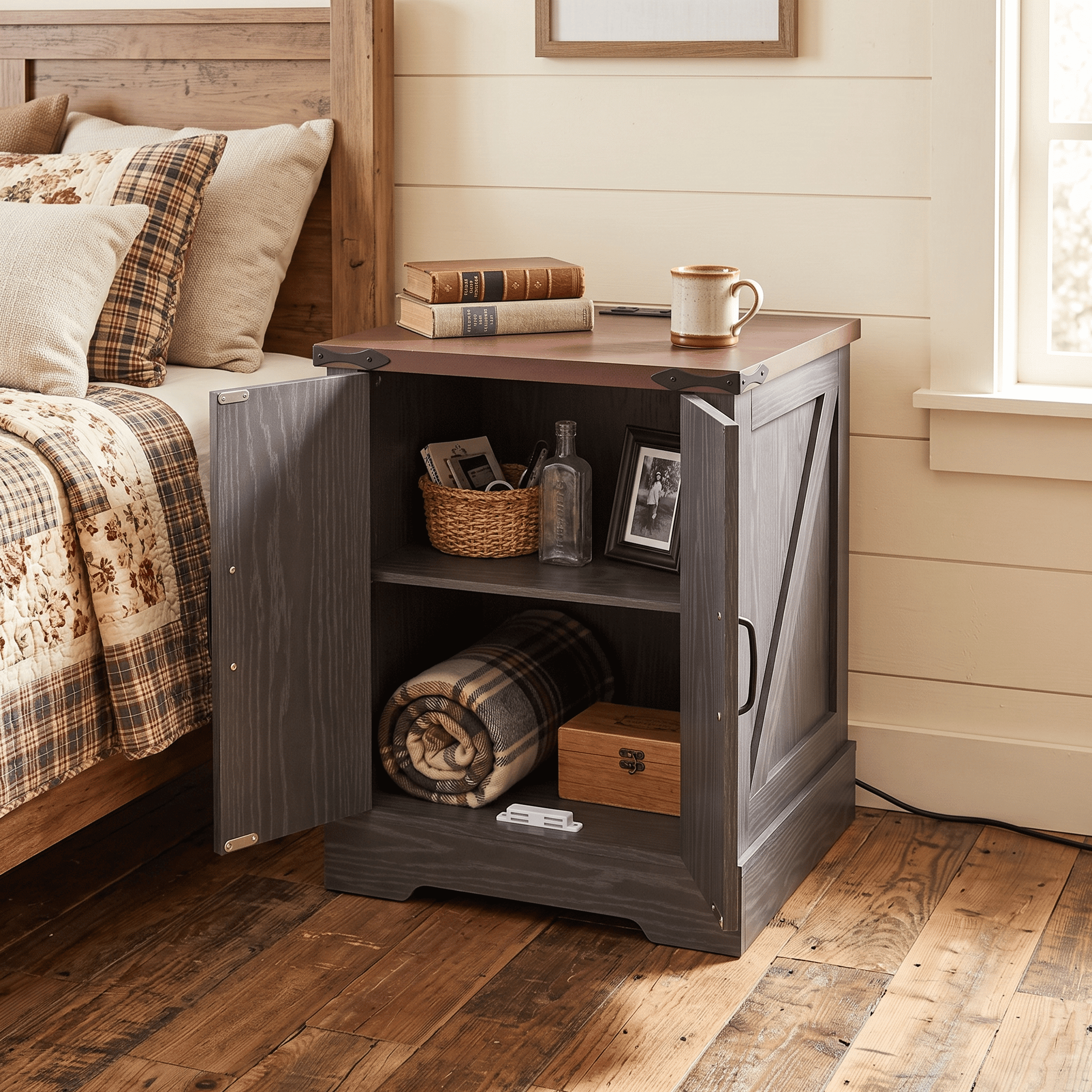 Homy Casa Farmhouse End Table with Charging Station, Cabinet and Adjustable Shelf, Dark Gray