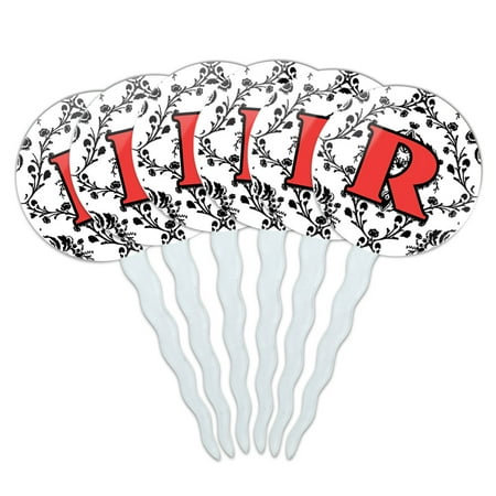 Damask Cupcake - Letter R Initial Damask Elegant Red Black Cupcake Picks Toppers - Set of 6