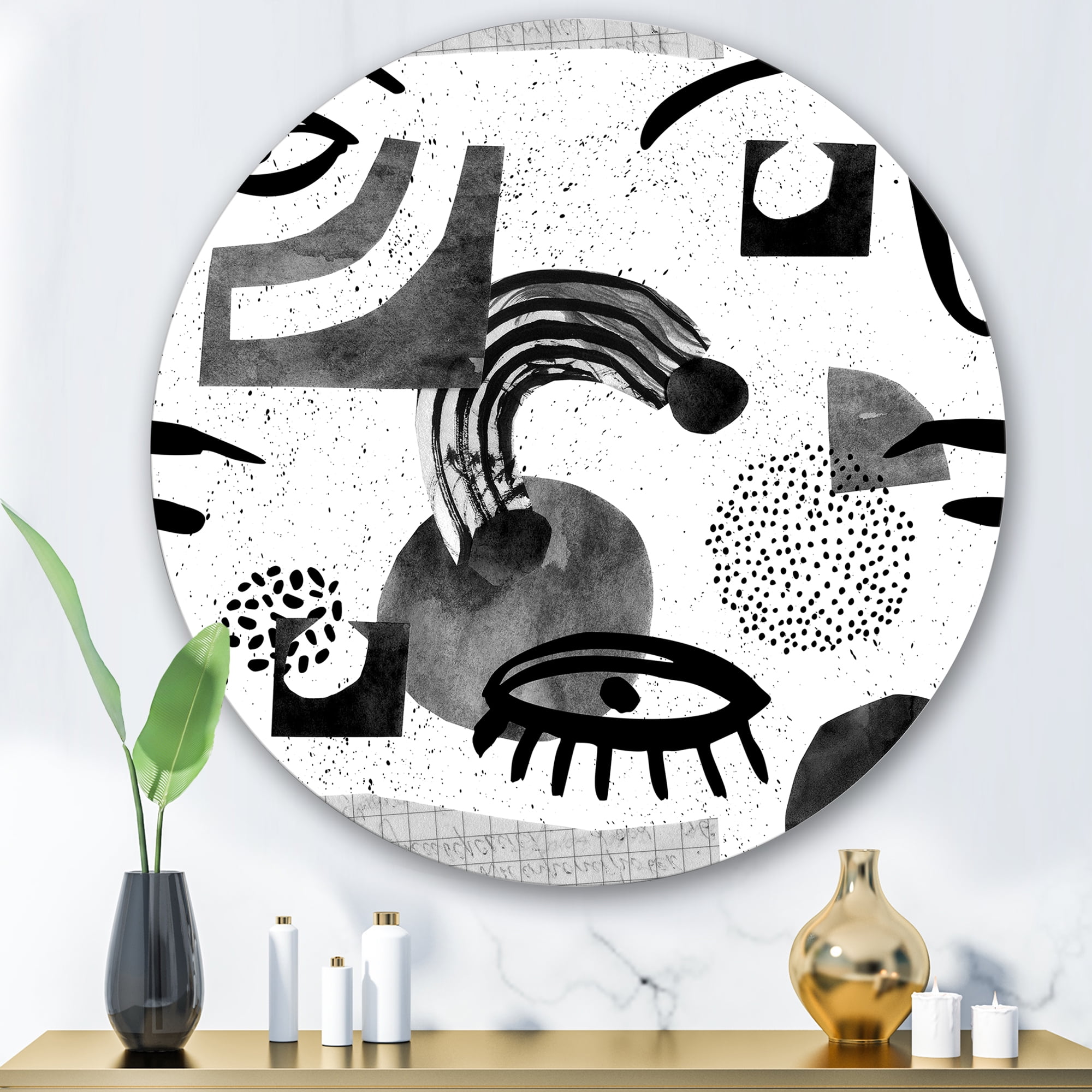 Designart 'Collage of Eyes And Doodles In Contemporary Style II' Modern Circle Metal Wall Art 36x36 - Disc of 36