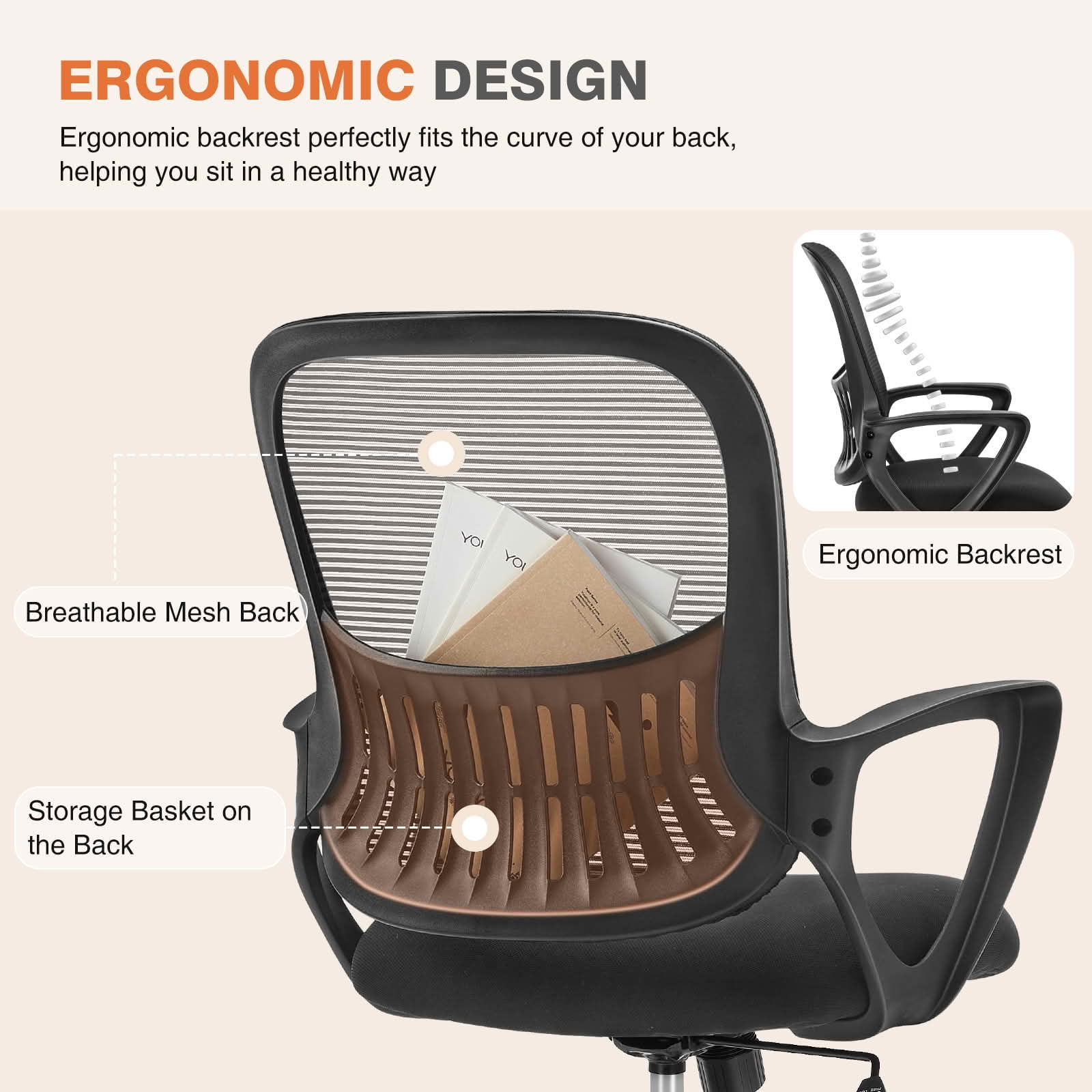 MAYEERTY Ergonomic Mid-Back Office Chair, Lumbar Support Rocking Mode Fixed Armrest