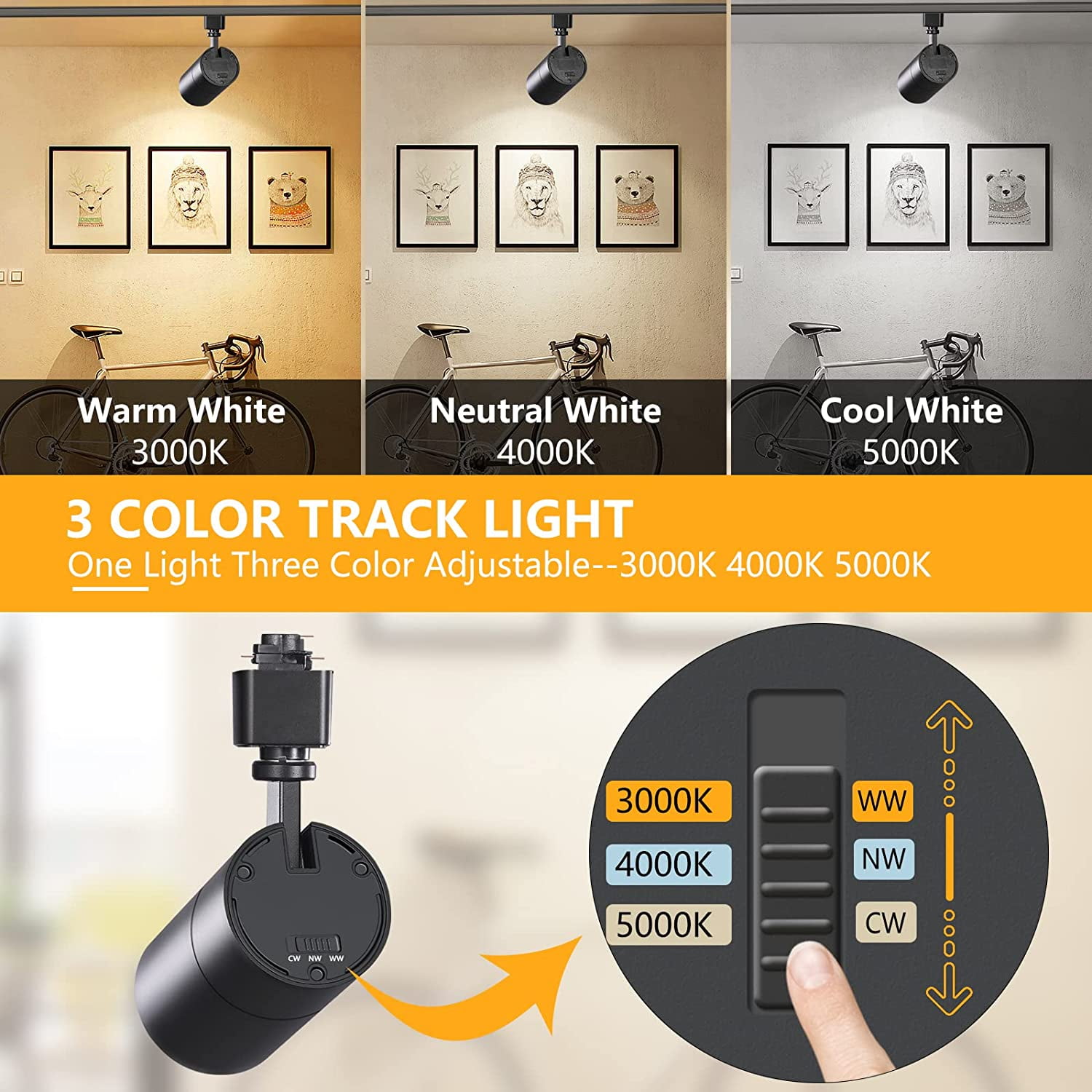 VANoopee 3-Color 20W Dimmable LED Track Lighting Heads H Type - Bright Track Light Fixtures Ceiling Spotlight for Kitchen, 3000K 4000K 5000K Selectable, 6 Pack, Flicker Free CRI90+ 36° 2000lm Black