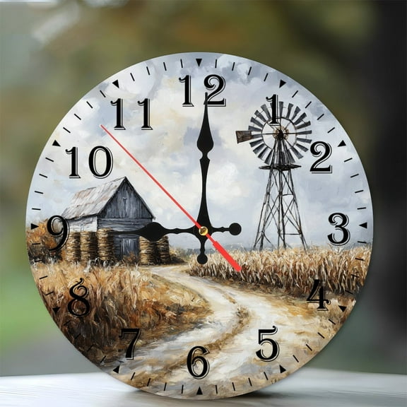 10-Inch Silent Wooden Wall Clock, " Rustic Barn Windmill Rural Pathway " Silent Non-Ticking Clock, Battery Operated (AA Batteries Not Included), Artistic Home Decor