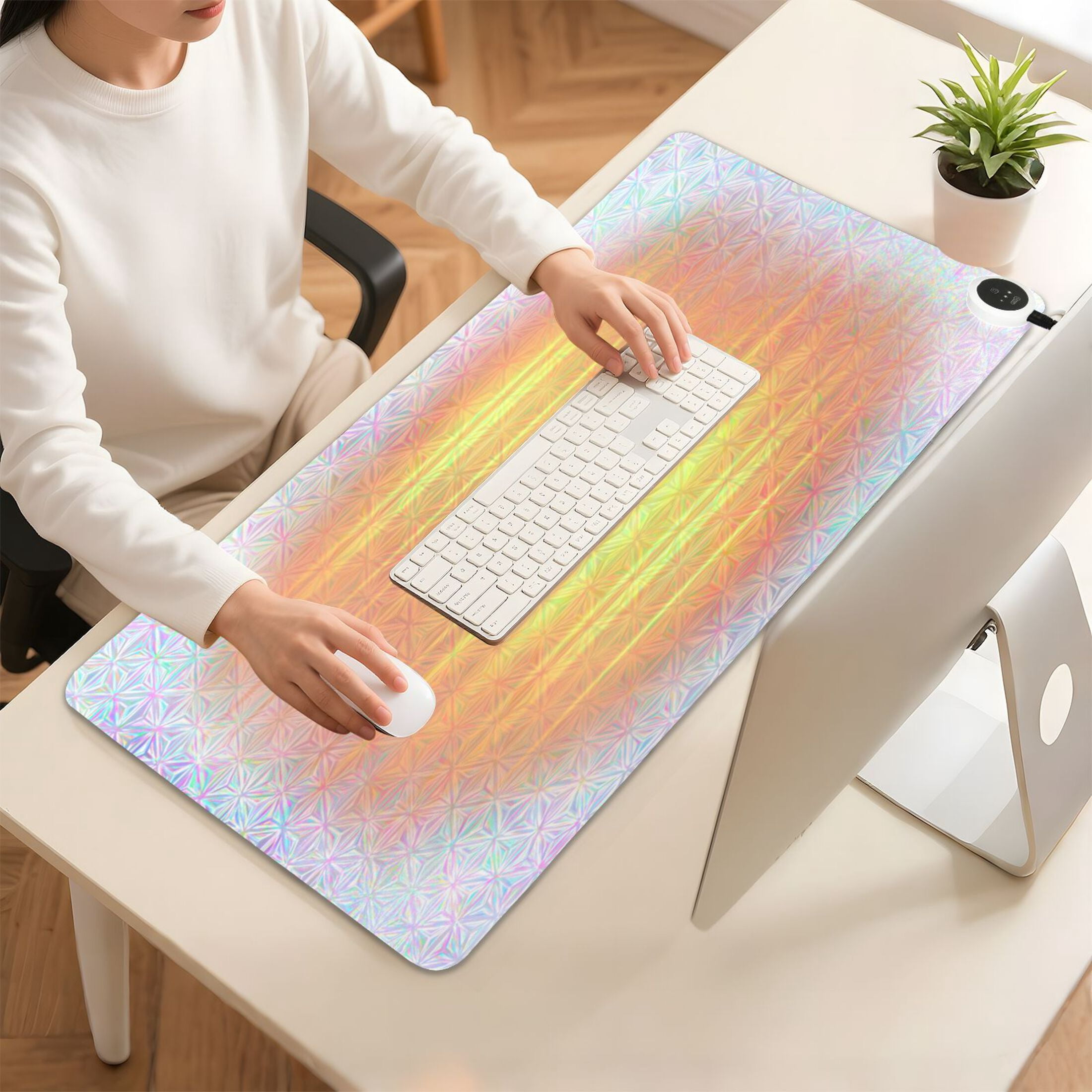 Large Heated Desk Mat Mouse Pad 31.5"x13"PU Leather Graphene Heating Desk Warmer with 3 Temperature Settings 110V US Plug Non-Slip Warm Pad for Home, Office, and Gaming Pastel Prism Star Pattern