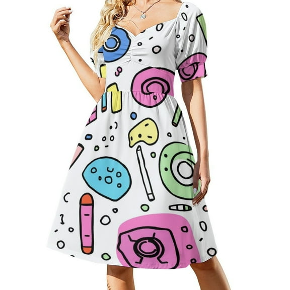 Colorful Doodle Pattern Short Sleeved Dress Women Dress Beachwear Dress