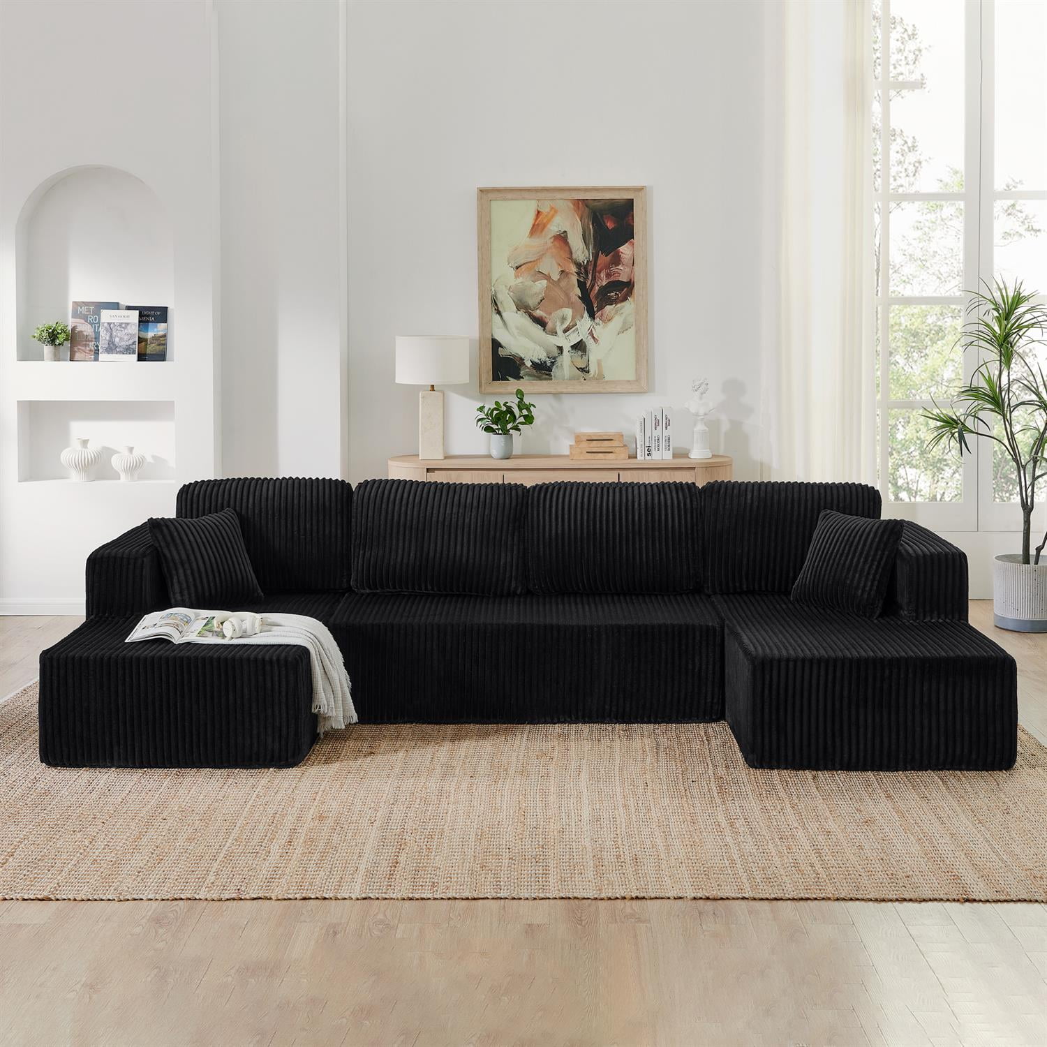 Demi Bonn 132" U-Shaped Modular Sectional Sofa, Modern Corduroy Couch for Living Room & Bedroom, Minimalist Comfy Sleeper Sofa, Black