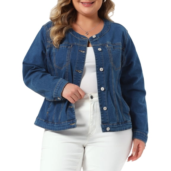 Agnes Orinda Women's Plus Size School College Denim Jackets Collarless Long Sleeve Button Down Casual Jean Coats with Pocket 2X Dark Blue