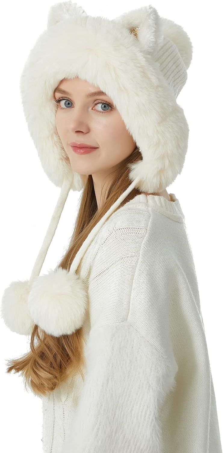 Women Winter Cover Ears Beanie Hat Ear Flaps Ski Snow Hats Knit Fleece Lined 3 Pom Pom