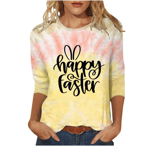 Happy Easter 3/4 Sleeve Round Neck Shirt Women Casual Cute Print Tee Basic Pullover Tops T-Shirt (S, Khaki)