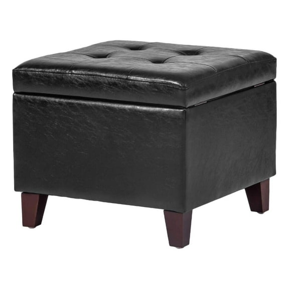 YOSITiuu Square Black Faux Leather Storage Ottoman with Tufted Top for Livingroom, 18x18x15
