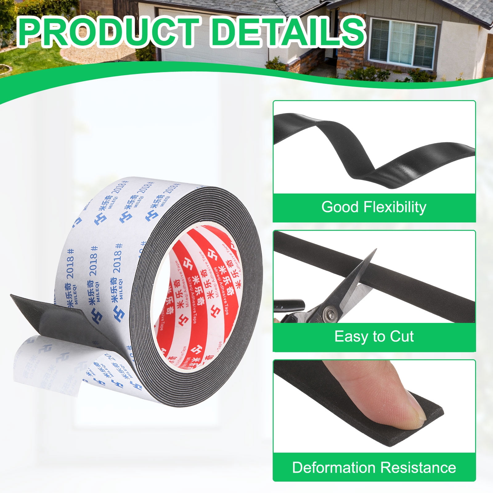 Uxcell 3Roll Sponge Rubber Foam Tape, 1 31/32" W x 5/64" t x 16.4ft l Self-Adhesive Foam Insulation Tape Weather Stripping for Window Door Soundproofing Weatherstrip AC Seal Strip, Black