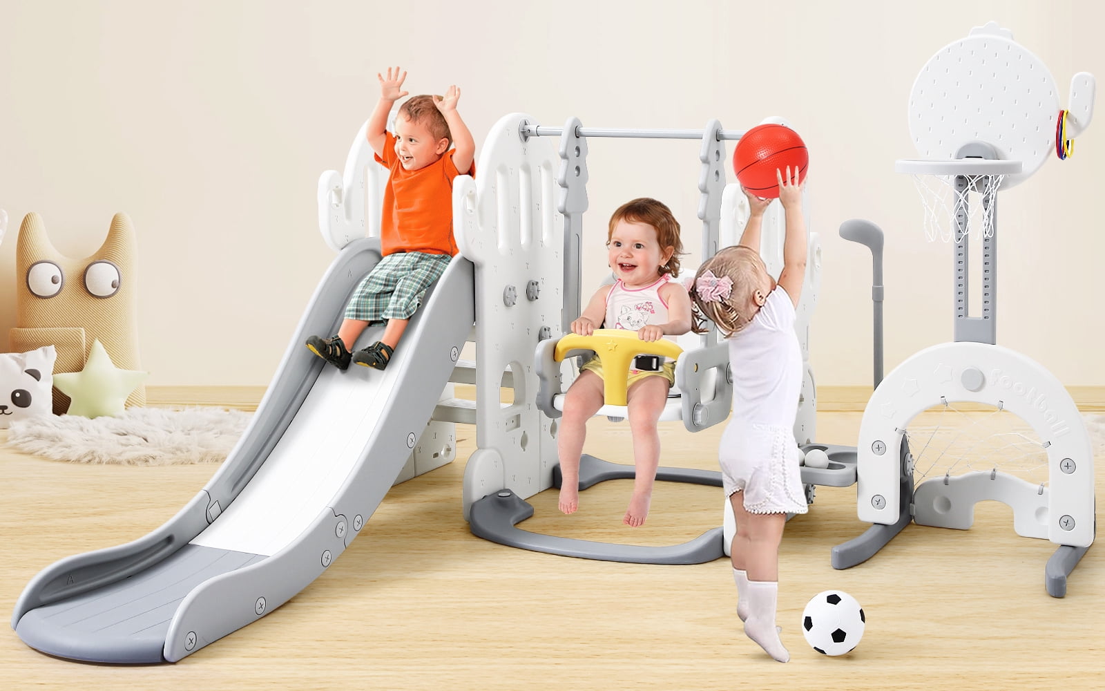Toddler Slide and Swing Set,7-in-1 Toddler Slide and Swing Set, Indoor Outdoor Playset with Adjustable Swing, Basketball Hoop,Baby Freestanding Climber Playset for Boys Girls Ages 1-3