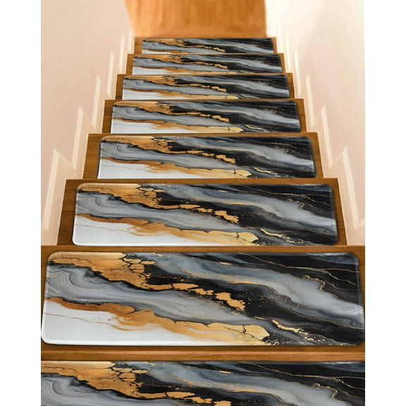 Black Golden Stair Treads for Wooden Steps Indoor Runner Rug Carpet, Marble Aesthetics Modern Ink Painted 10 Pieces Peel and Stick Staircase Step Treads Covers Washable Throw Door Mats, 30"x8"