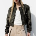 thumbnail image 4 of QATAINLAV Leather Cropped Bomber Jackets for Women Vintage Stand Collar Zip up Moto Bike Outwear with Pockets Streetwear, Bronze, S, 4 of 9