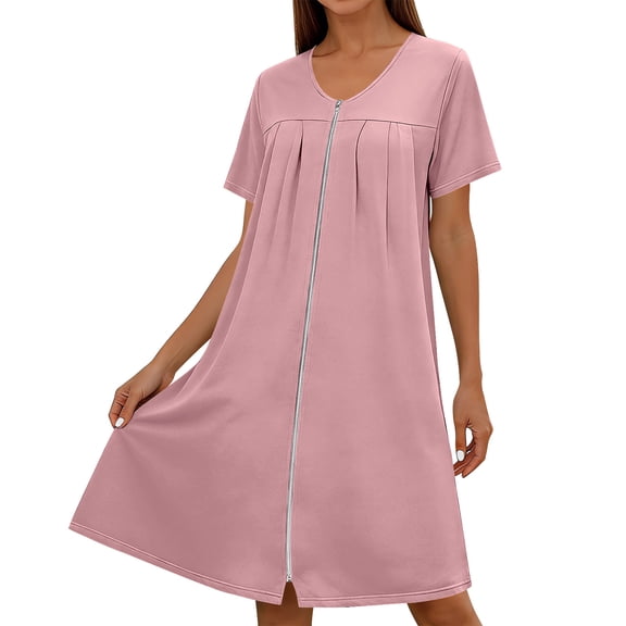 Gamivast House Dresses for Women Short Sleeve V Neck Loose Fit Midi Loungewear Dress Solid Pattern Zip Up Comfy Soft Casual Daily Home Wear Spring Summer