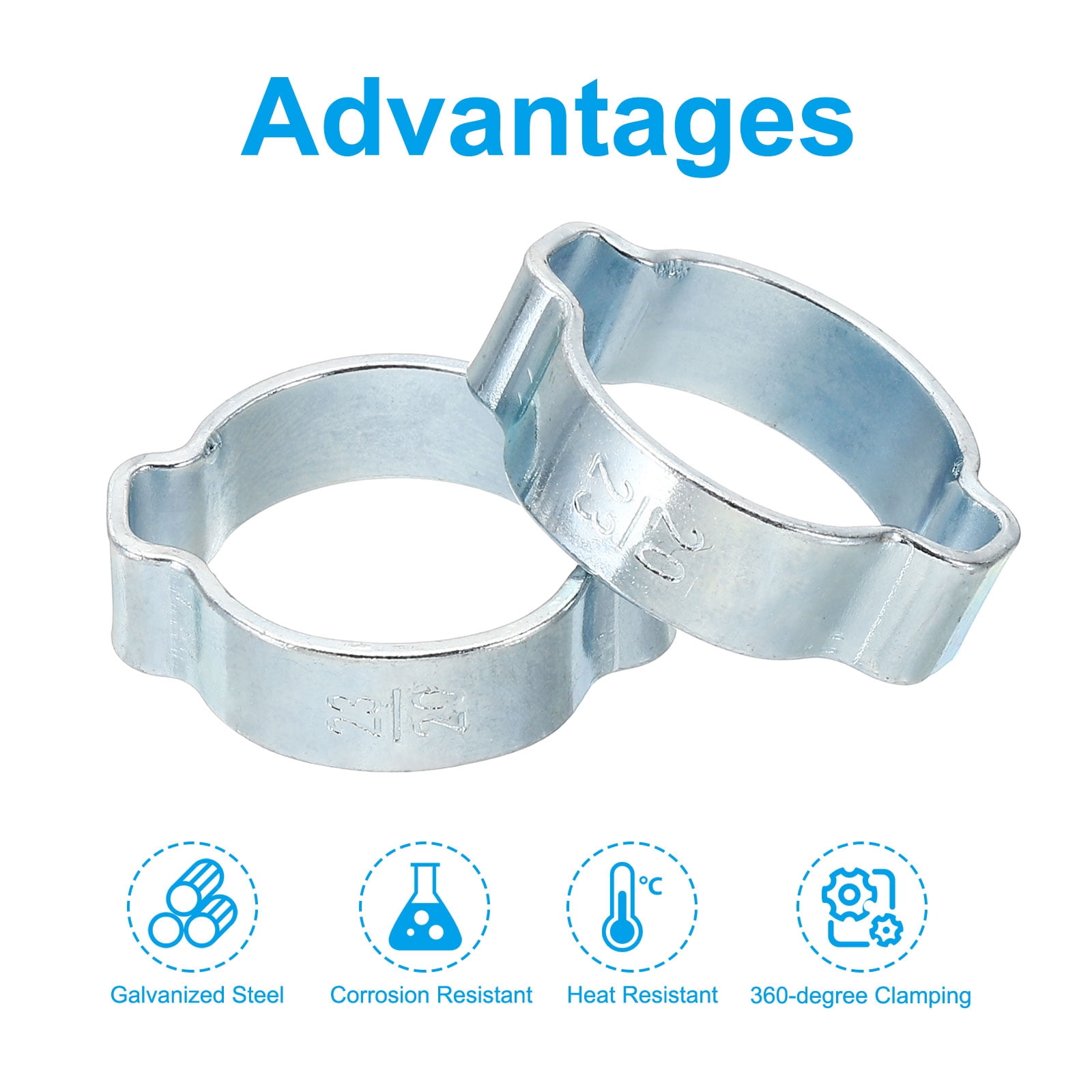 Uxcell Double Ear Hose Clamp Set, 80 Pack 8 Sizes Galvanized Steel O Clip Crimp Rings