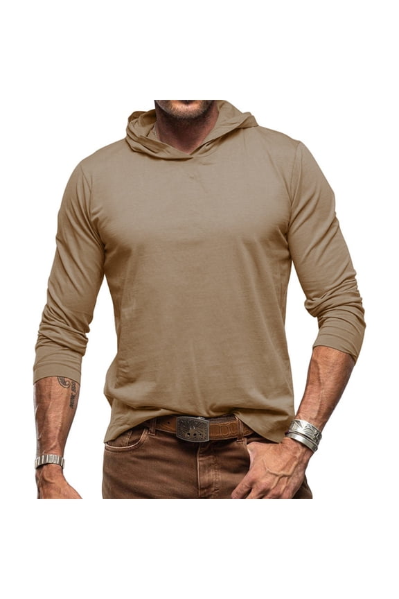 Men's Casual Long Sleeve Cotton Hooded T-Shirt, Solid Color Base Layer Top for Outdoor Activities, Layering in Cold Weather, and Casual Streetwear,Khaki,2XL
