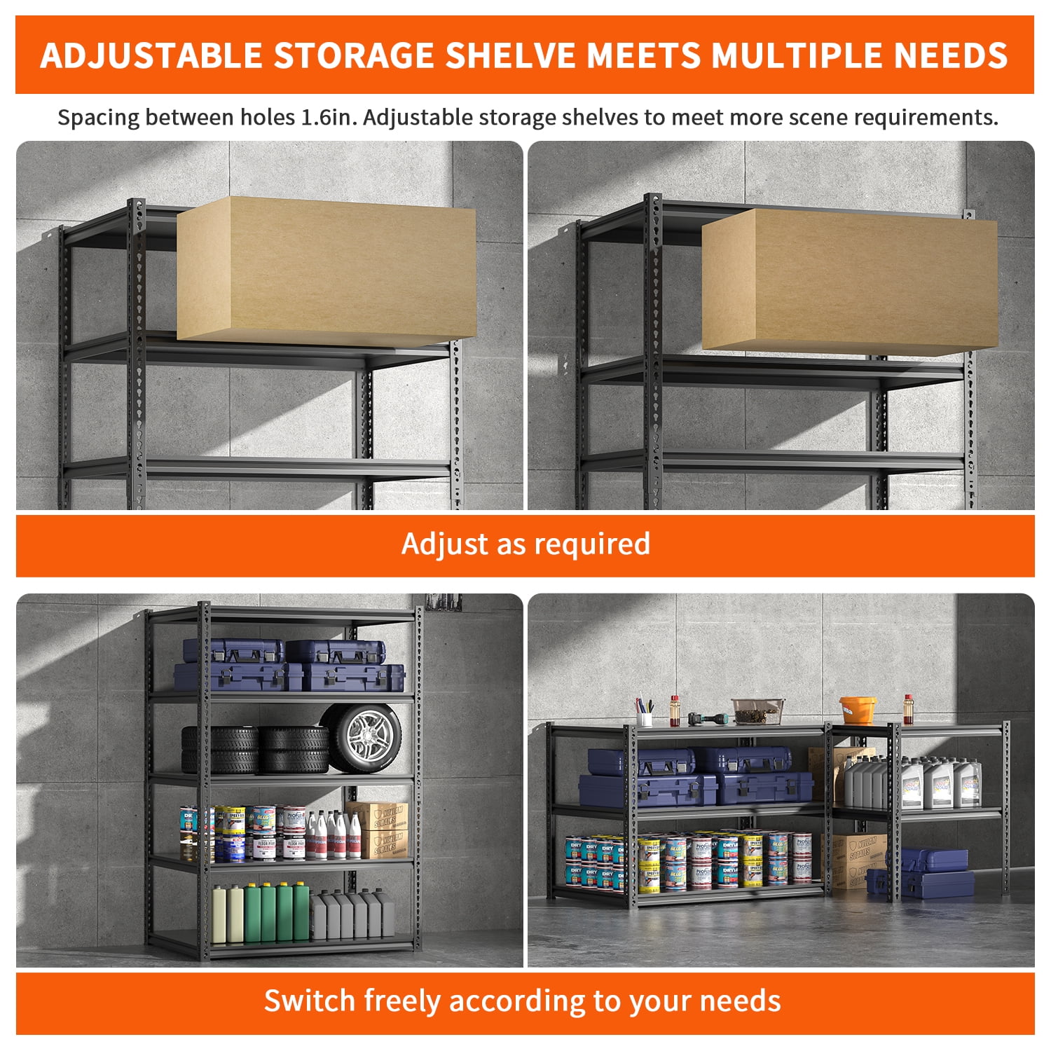 MOPHOTO 2 Pack Adjustable 5 Tier Garage Shelving Heavy Duty Support 1100lbs, 36" L x 16" W x 72" H Metal Shelves for Storage, Garage Storage Shelves