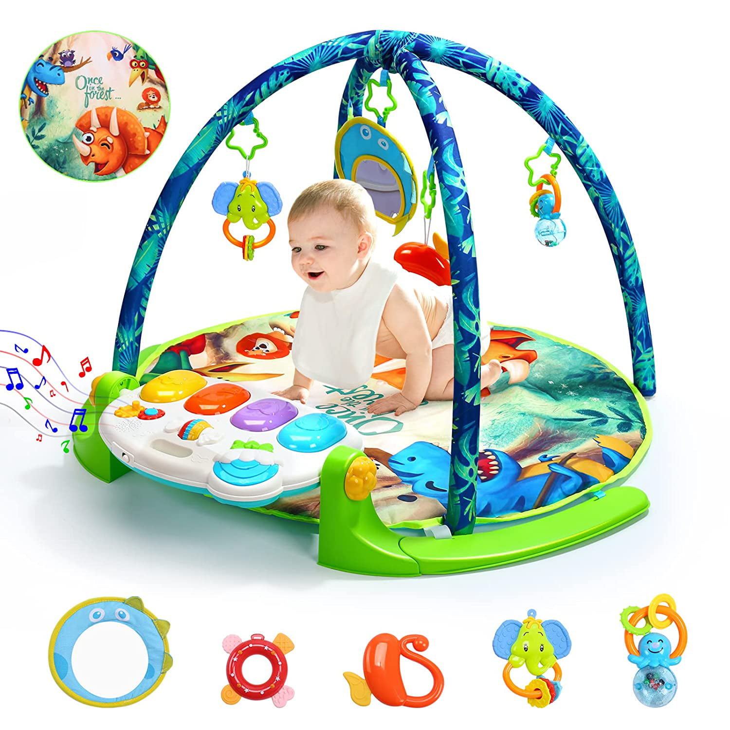 Activity Gym Playmat With Hanging Toys&Piano Light,Tummy Time Shower Gift Toys for Newborn Toddler Boys Girls in 0-3-6-12 Months,Detachable Padded Mat for Playing Baby Play Mat Musial Toys for Infant 