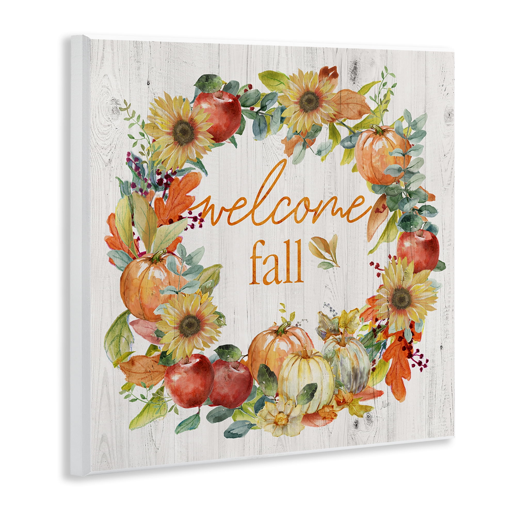 Stupell Industries Welcome Fall Pumpkin Wreath Botanical & Floral Painting Unframed Art Prints Wall Art, 12 x 12