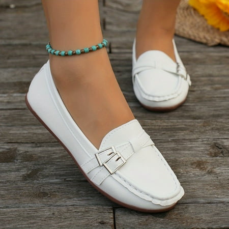 

ASWMXR Women‘s Casual Flat Loafers Cross Buckle Strap Slip On Shoes Solid Color Walking Flats