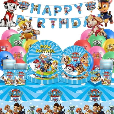 Forfamy Birthday Plates and Napkins Party Supplies, Paw Birthday Party Decorations Set Include Plate Cup Balloon Tablecloth for kids Birthday Party Decoration, 76Pcs Serve 10 guests