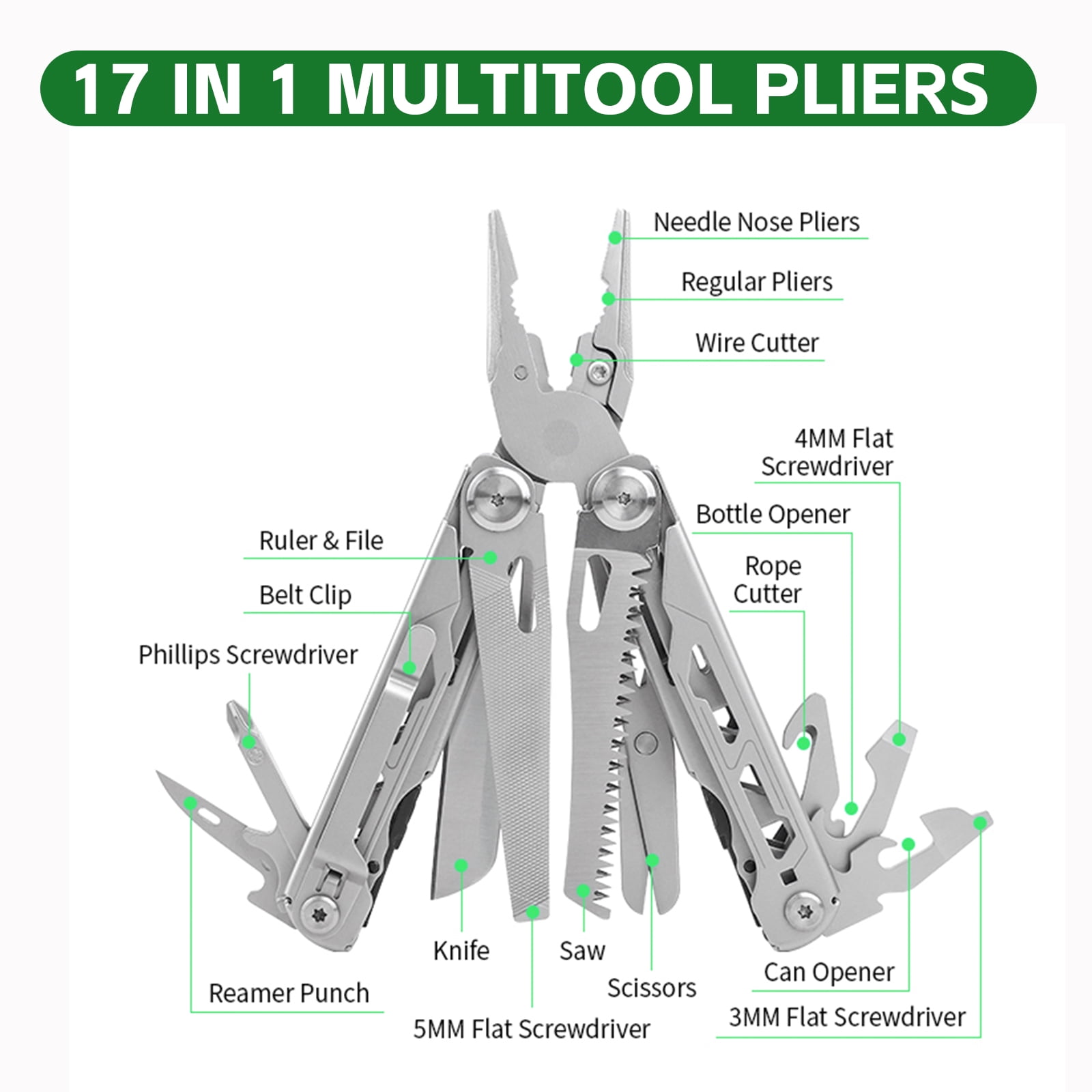 Multitool with Pocket Knife, 28-in-1 Stainless Steel Needle Nose Pliers with Screwdrivers, Self-locking Multi tool EDC Gear with Sheath, Ideal for Survival, Outdoor, Camping