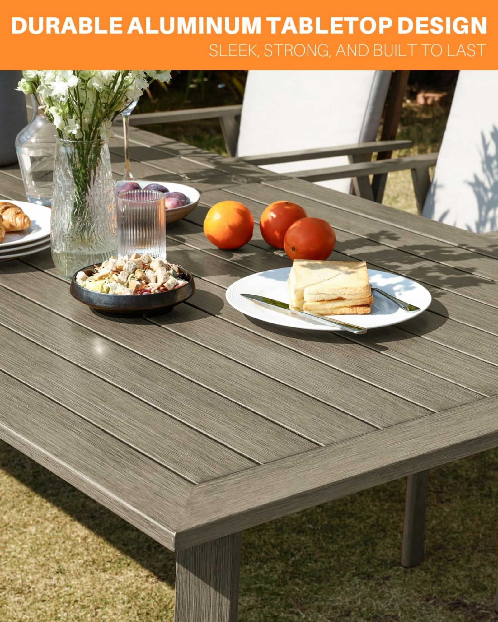 Outdoor Patio Dining Table for 8, Aluminum Outdoor Dining Table with Umbrella Hole, All Weather Patio Table for Garden, Deck, Porch, Lawn, Backyard Furniture, Gray