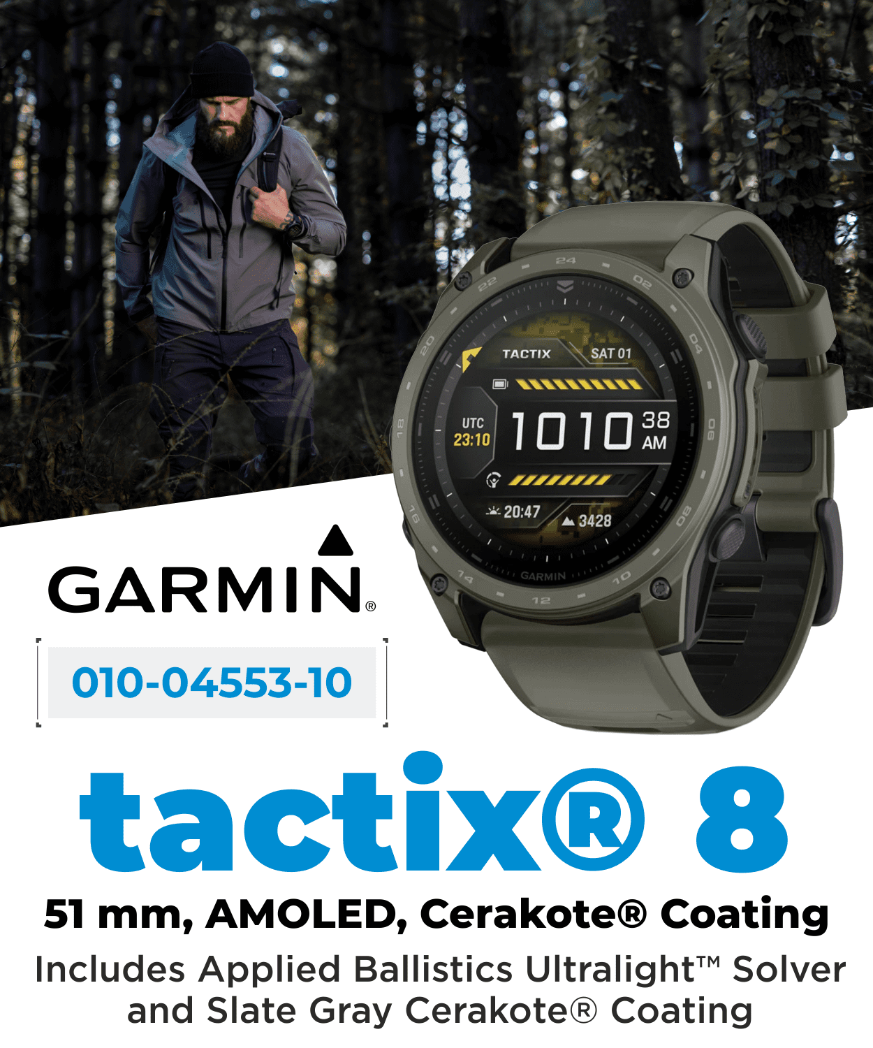 Garmin Tactix 8 51mm Cerakote, Premium Tactical GPS Smartwatch, AMOLED Display, Applied Ballistics Solver, Olive Drab Cerakote Coating with Wearable4U PowerBank Bundle
