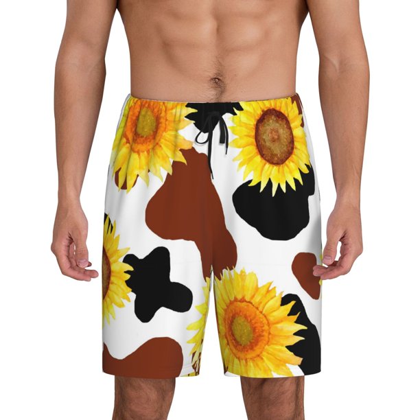Fotbe Sunflower Cow Pantalones Cortos de Pijama para Hombre, Ropa de Dormir, Pantalones de Pijama Cortos para Hombre-Large