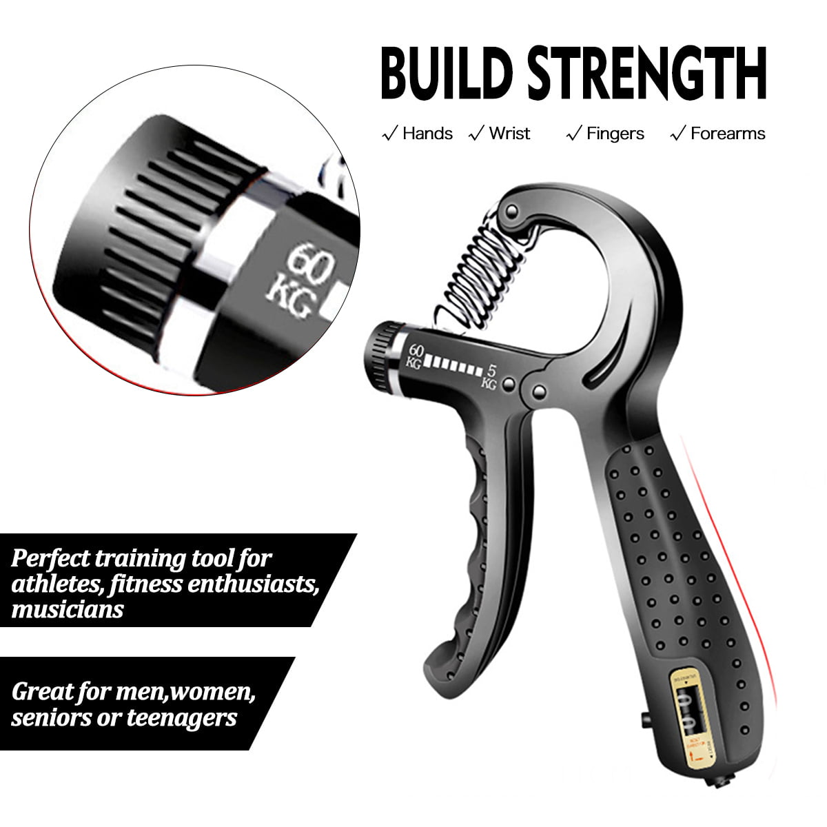 5-60KG Adjustable Hand Grip Strengthener Wrist Forearm Trainer Exerciser