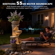 4 Tiered Water Fountain Outdoor, 35.6 Tall Cascading Bowl Leaf Carved Outdoor Waterfall Fountains Modern Water Feature with Dual Planters for Garden, Patio,Deck, Yard, Indoor Decor