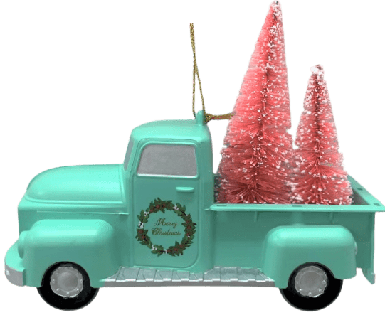 Holiday Time Green Car with Tree Ornament.  Ho Ho Ho Theme. Tabletop Decor.  Teal & Pink Color.