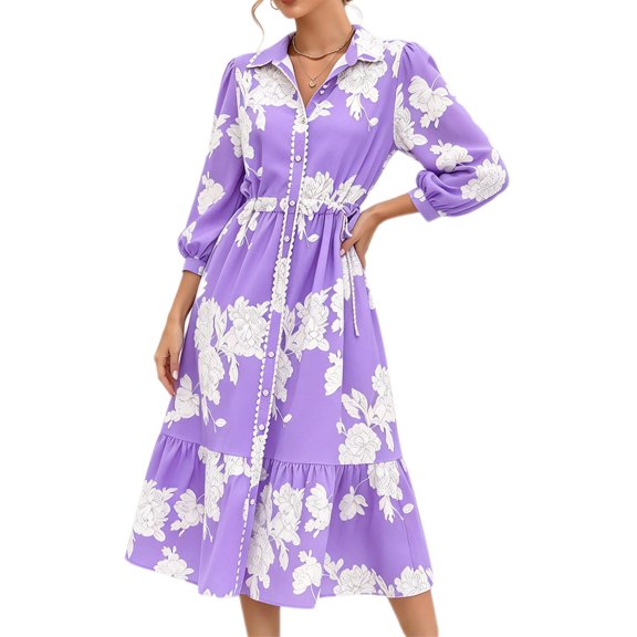 Bohemian Style Women Three Quarter Floral Print Lapel Button Down Long Maxi Dress