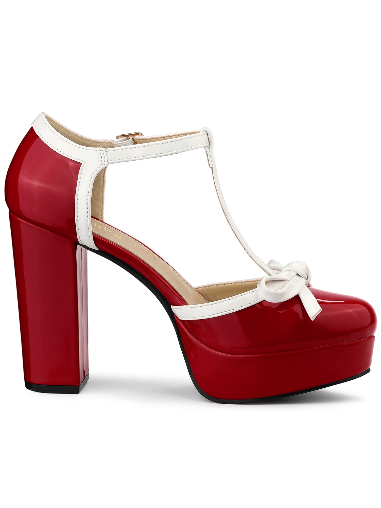 DARING DIVA Women's Platform Bow T Strap Chunky Heels Pumps Red 10