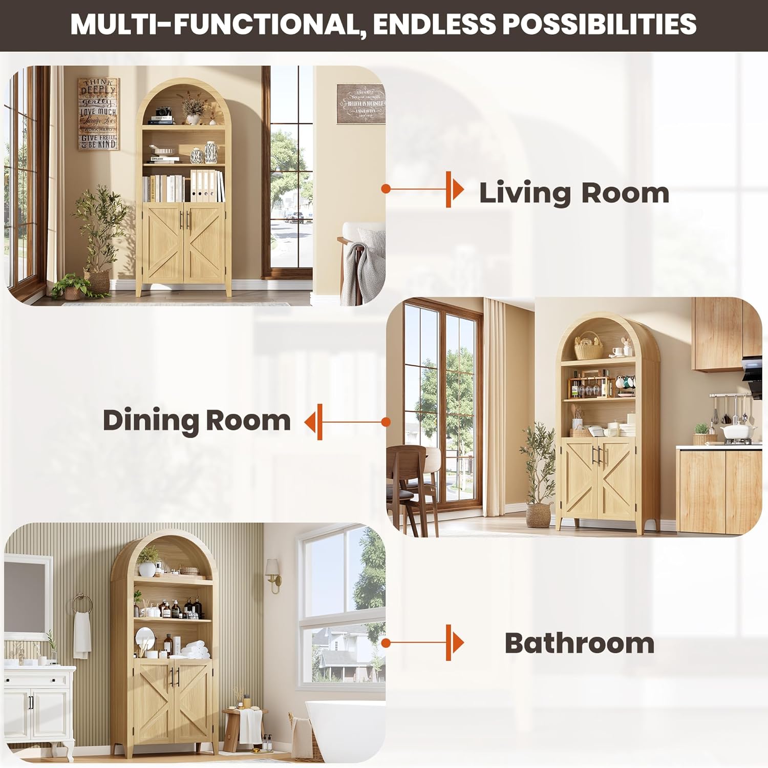 BouPower Arched Pantry Cabinet with Open Display Shelf,Kitchen Cabinet with Doors,Versatile Cupboard for Kitchen Dining Room