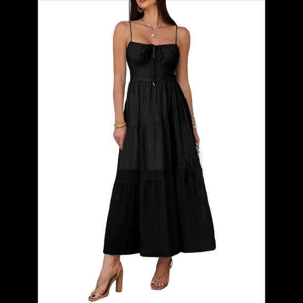 Vestido Informal de Verano para Mujer, Estilo Bohemio, con Tirantes Finos y Lazo, para Playa, 2025 Negro L