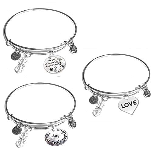 Hidden Hollow Beads Women's Stainless Steel Message Charm Expandable Wire Bangle Bracelet, Very Popular and Stylish, Arrives in a Gift Box. (3 Pack Expressions of Love)