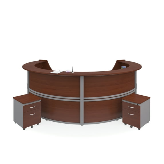 OFM Marque 4-Unit Curved Reception Station and 2 Mobile Pedestal File Cabinets in Cherry (PKG-RCPN-08-0001)