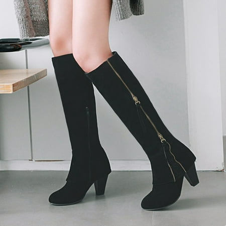 

Tejiojio Clearance Women Boots Winter Square High Heel Knee-high Zip Pointed Toe Shoes Fleece Vamp Female Boots