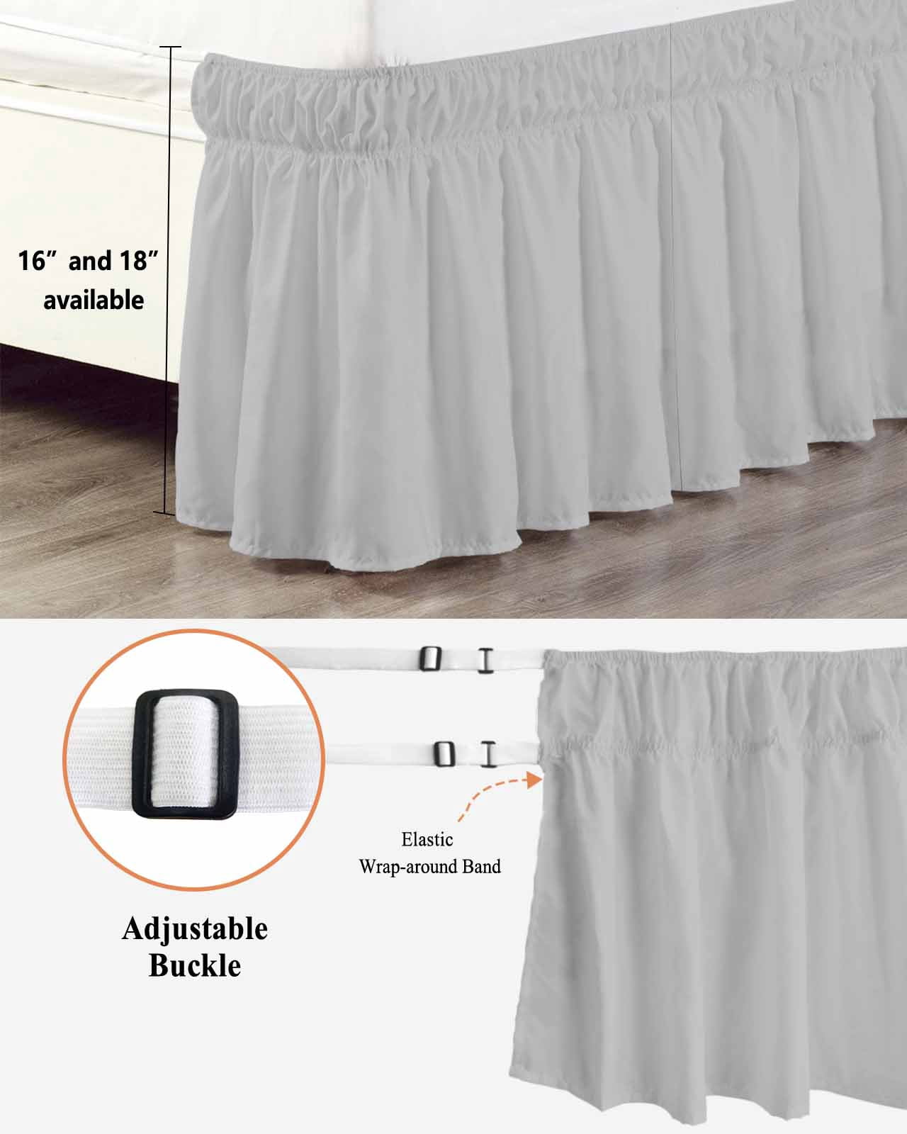 Grey Wrap Around Bed Skirts for Queen Bed 18" Drop, Bed Skirt with Adjustable Elastic Belt Dust Ruffle Bed Valance for Bedroom Hotel Luxury Modern Pure Gray Bed Frame Cover
