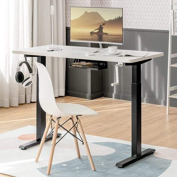 Hand Crank Stand Up Desk Frame, Manual Height Adjustable Standing Workstation with Foldable Crank Handle, Cable Management Tray, Headphone Hook, Ergonomic Sit Stand Desk Frame for Home Office